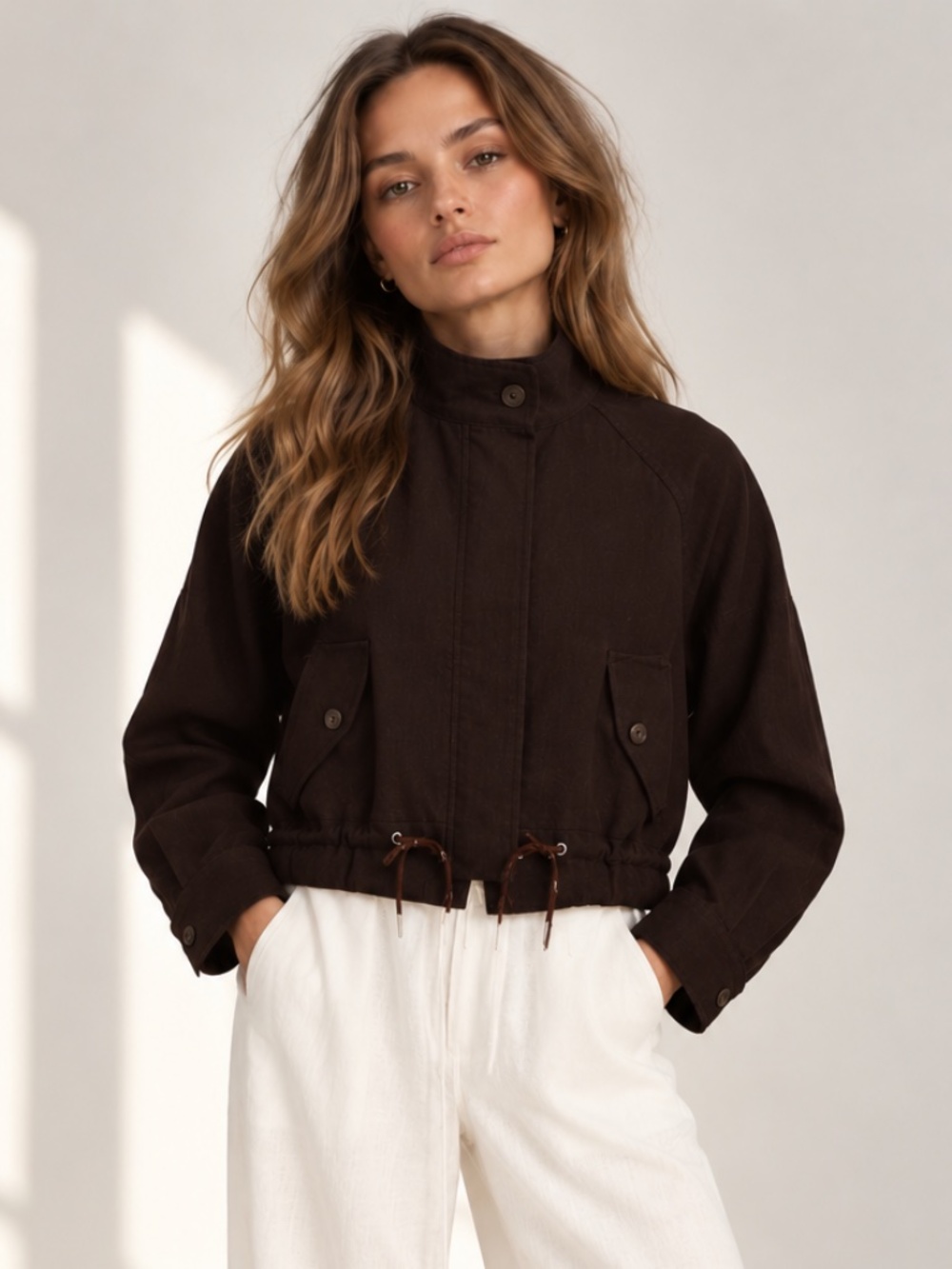H&M Oversized Linen Blend Jacket Dark Brown Cropped NWT Size S
